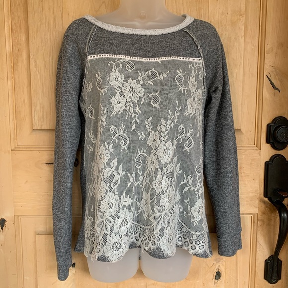 Rewind Sweaters - CUTE Gray Rewind Sweatshirt with Lace Overlay